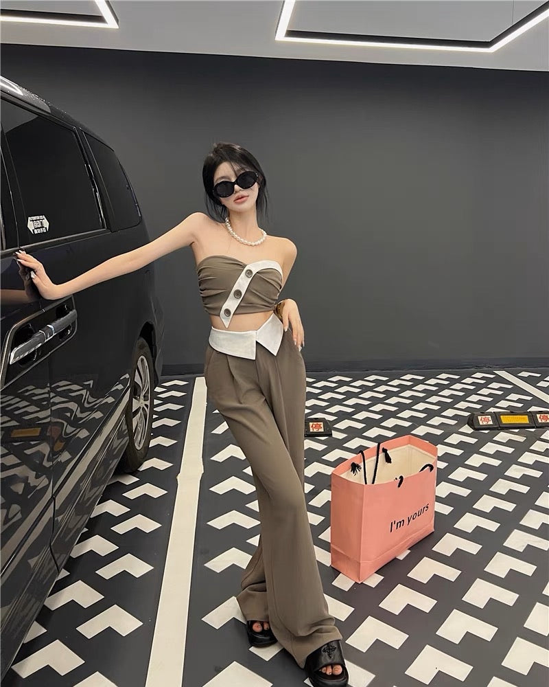 Hot girl suit female summer pure desire sexy short tube top suspender top + casual wide-leg pants fried street two-piece set