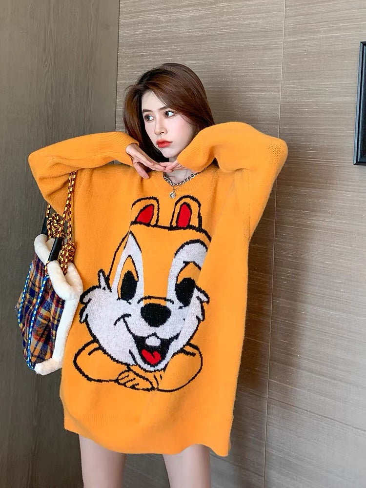 Squirrel Orange Japanese Sweater Women's Mid-Length Loose Korean Fashion Design Pullover Autumn and Winter Knitted Sweater T2381