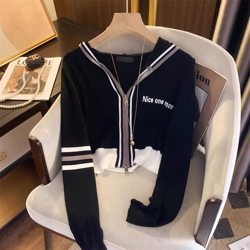 2023 Spring and Summer New American Fashion Printed Letters Double Zipper Cardigan Women's Fashionable Western Style Waisted Hooded Jacket V1125