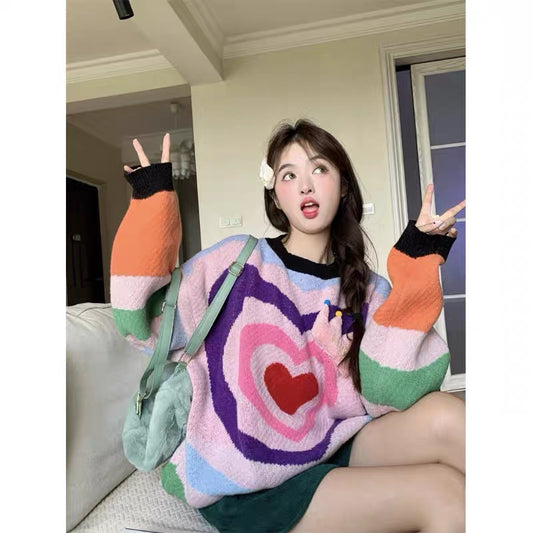 Korean sweet color matching love round neck knitted thick sweater for women autumn and winter 2023 new loose mid-length top A2244