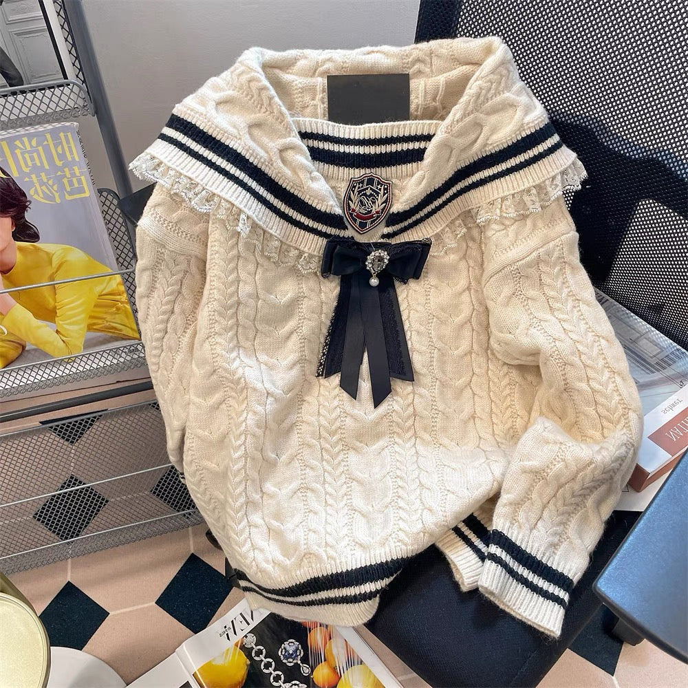 Korean lazy college style chic bow jk sweater men and women niche navy collar thickened twist knitted jacket