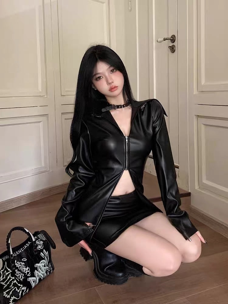 High-end figure sexy American hot girl suit black leather jacket female early autumn fashion short leather skirt small man