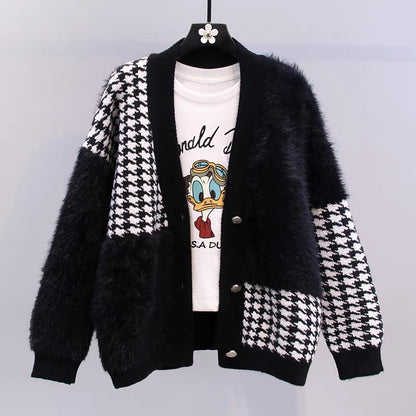 Xiaoxiangfeng mink velvet houndstooth sweater jacket women autumn and winter 2023 new loose and versatile western style knitted cardigan