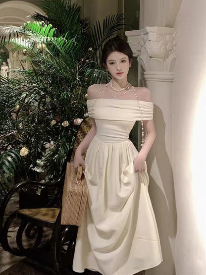 French niche Hepburn style babes one word strapless tube top dress female summer senior sexy waist temperament long skirt