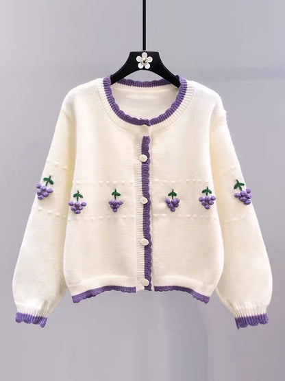 Contrast color three-dimensional grape design sweater jacket for women 2023 new loose college style age-reducing knitted cardigan