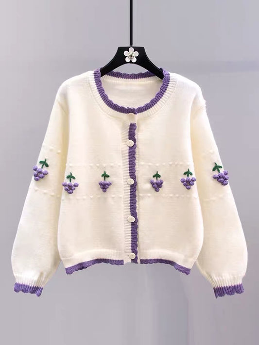 Contrast color three-dimensional grape design sweater jacket for women 2023 new loose college style age-reducing knitted cardigan