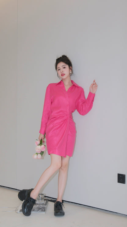 17-count linen is light and breathable! Commuter temperament office worker shirt skirt magenta dress women's early autumn new style