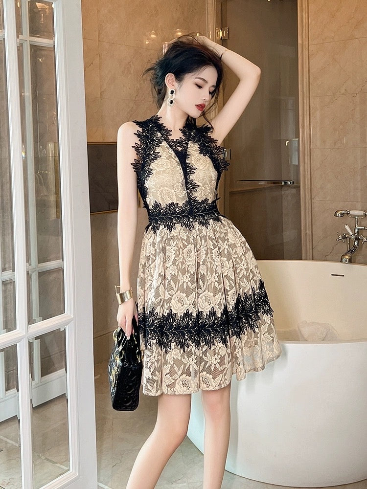 French high-end unique and beautiful lace dress elegant temperament goddess fan waist sleeveless V-neck princess dress