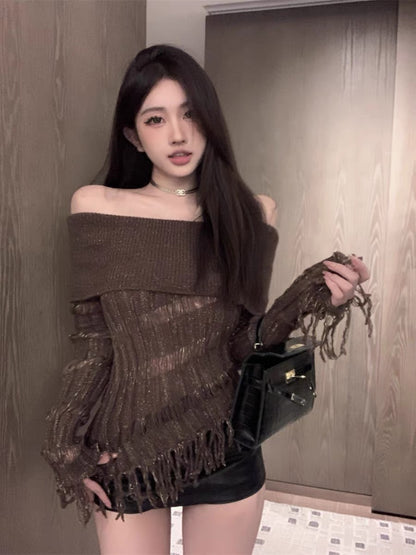 Pure Desire Hot Girl Sexy One-shoulder Top Women's Design Niche Autumn and Winter Clothes Tassel Knit Sweater Sweater Bottoming Shirt