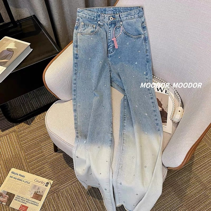 Gradient hot diamond jeans women's autumn thin section 2023 new high waist belt diamond bead straight tube wide leg pants