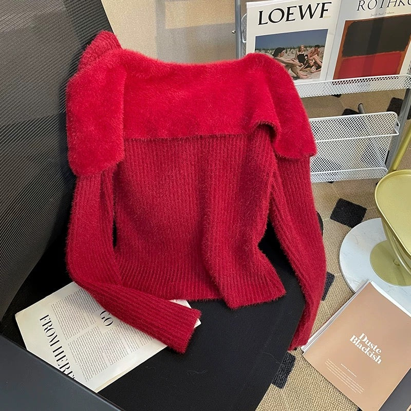 Soft waxy bow knitted sweater for women 2023 new autumn red slim fit and versatile one-shoulder long-sleeved sweater top