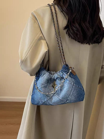 Zuo sister-in-law's denim canvas bag women's single shoulder tote bag crescent bag niche design texture ins Korean version underarm bag