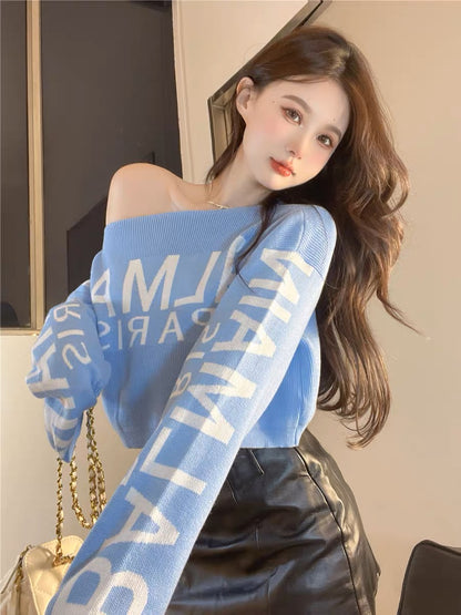 Pink soft waxy lazy sweater women's autumn and winter pure desire hot girl one-shoulder top design sense niche knitted bottoming shirt