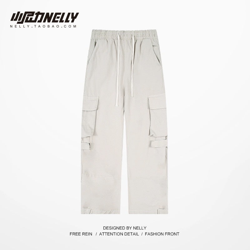 Original trendy brand multi-pocket overalls for men and women high street all-match loose straight drawstring adjustable leg pants cropped pants