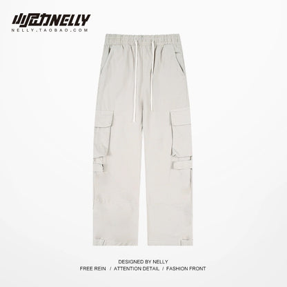 Original trendy brand multi-pocket overalls for men and women high street all-match loose straight drawstring adjustable leg pants cropped pants