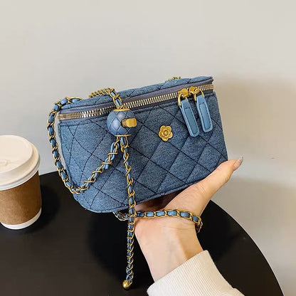 Small fragrant style denim blue box bag women's 2023 new hot style high-end all-match one-shoulder Messenger small bag