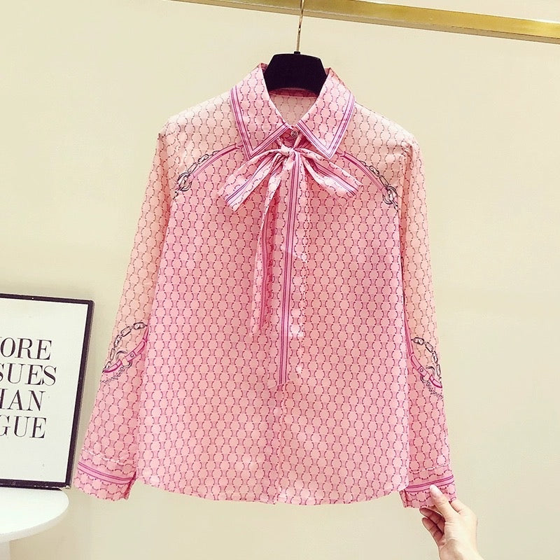 Temperament high-grade silk flower shirt female bow streamer foreign style top spring and autumn 2023 new design sense shirtq