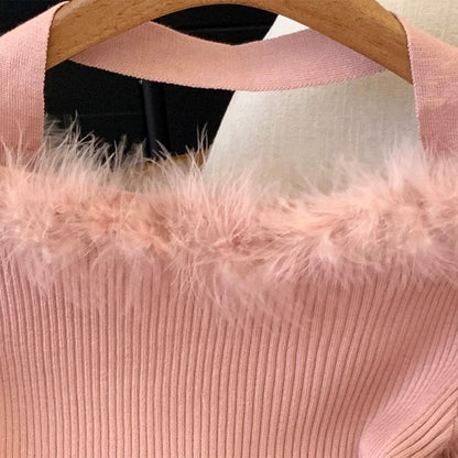 Gentle and pure hot girl's super pretty pink furry one-shoulder slim long-sleeved sweater top for women in autumn and winter