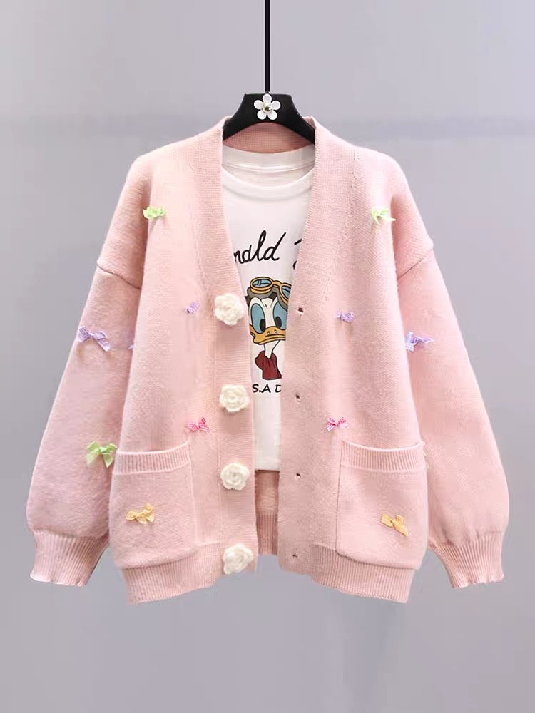 Japanese flower bow sweater coat for women autumn and winter 2023 new loose lazy style knitted cardigan