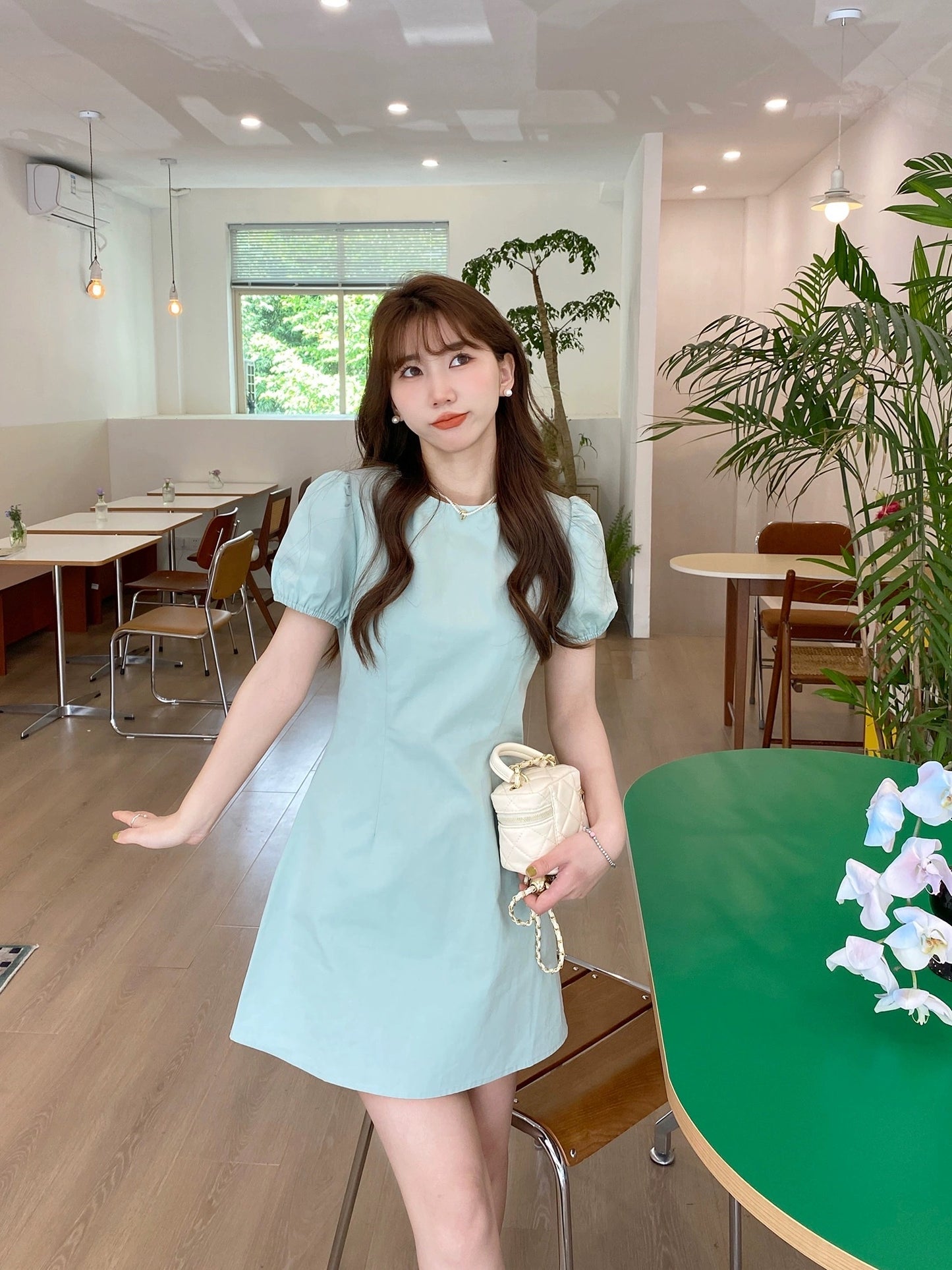 Berry likes you and likes large custom-made blue square collar puff sleeve dress women's summer high waist short a-line skirt