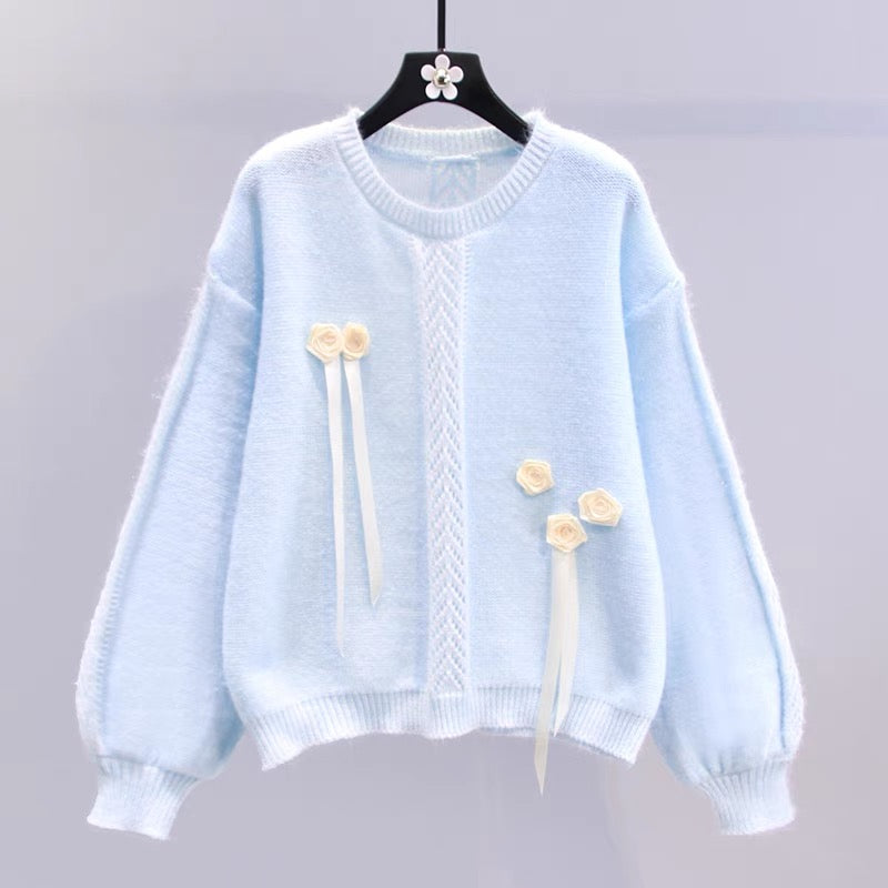 Gentle style three-dimensional flower sweater for women autumn and winter 2023 new Japanese style loose design western style sweater top (S3331)