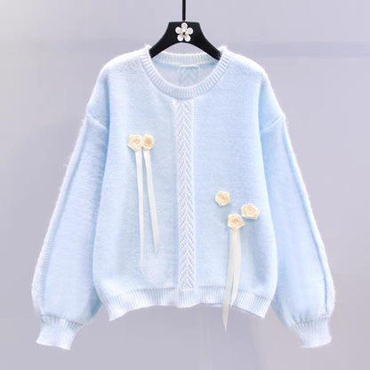 Gentle style three-dimensional flower sweater for women autumn and winter 2023 new Japanese style loose design western style sweater top (S3331)