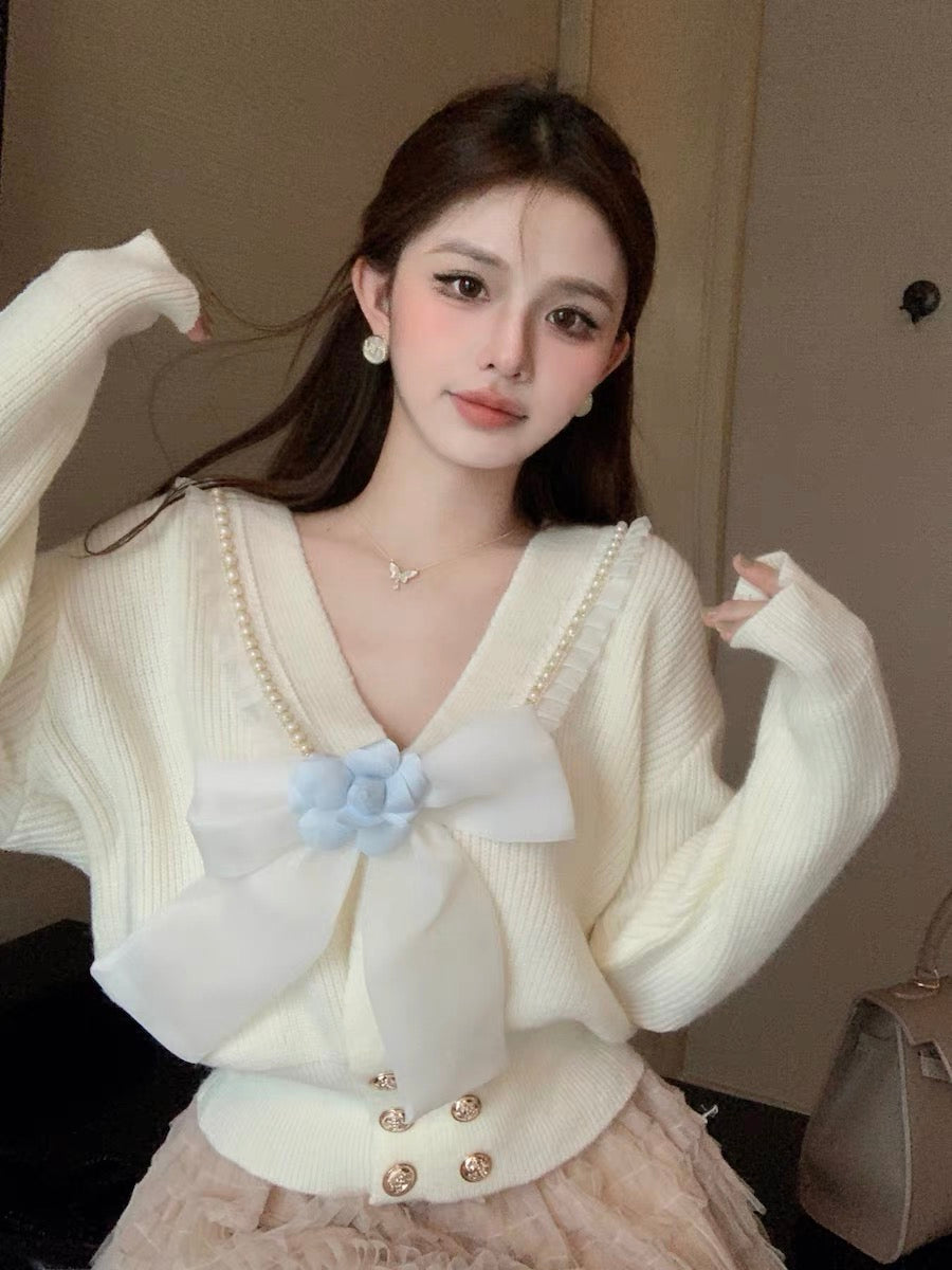 Super nice sweater bow knitted cardigan autumn and winter women's new European style beautiful loose little fragrant jacket