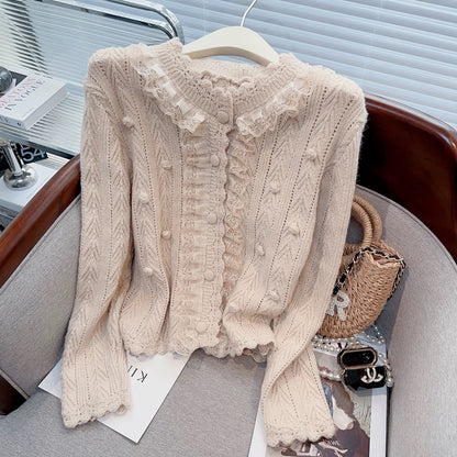 2023 new autumn and winter Korean soft and lazy style lace stitching hollow long-sleeved sweater knitted cardigan for women