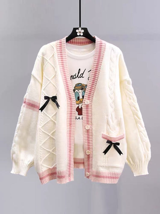 Japanese bow sweater jacket for women autumn and winter 2023 new loose and lazy style design age-reducing knitted cardigan