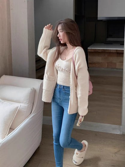 ACHI Dayeike coffee color sweater single-breasted long-sleeved cardigan loose twist sweater pocket mid-length coat