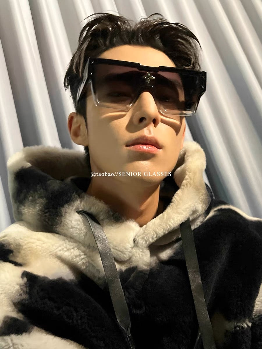 Wang Hedi star with the same style of sunglasses gradient color one-piece diamond-encrusted large frame internet celebrity temperament street shooting sunglasses for men and women