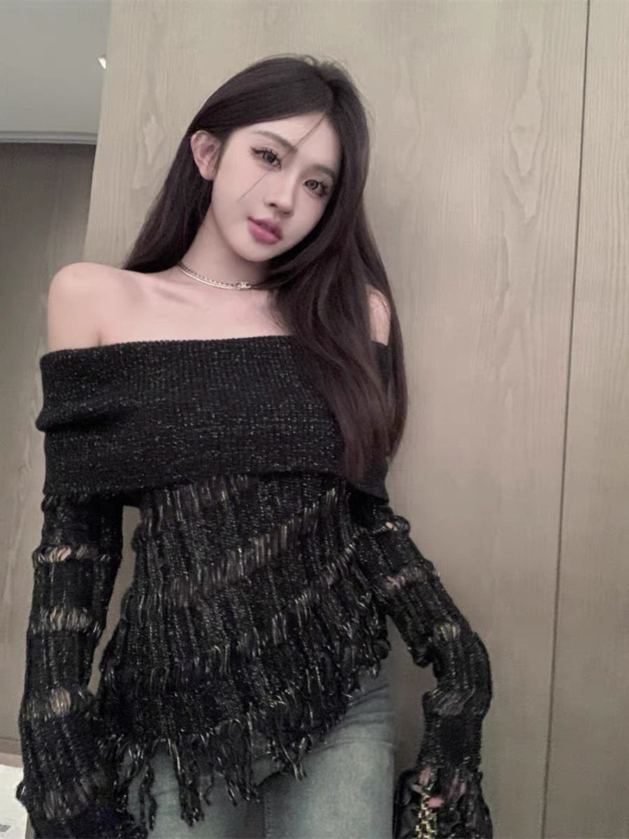 Pure Desire Hot Girl Sexy One-shoulder Top Women's Design Niche Autumn and Winter Clothes Tassel Knit Sweater Sweater Bottoming Shirt