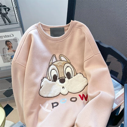 Dirty pink cute plush cartoon embroidered straight shoulder sweatshirt for men and women autumn and winter lazy style plus velvet thickened inner top