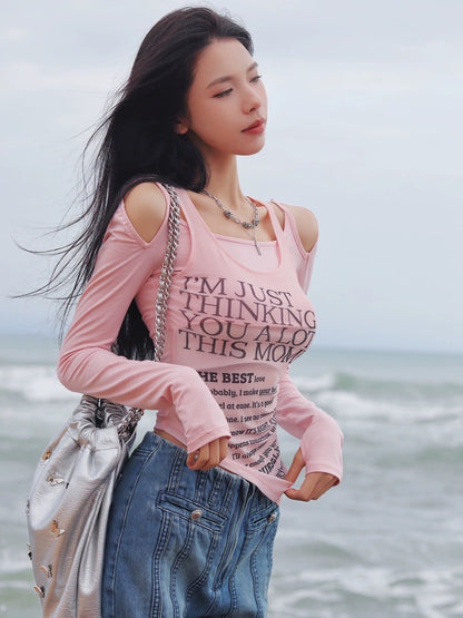 Earth Store Pink Mesh Splicing Irregular Design T-shirt Women's Sweet and Spicy Slimming Letter Printed Bottoming Shirt