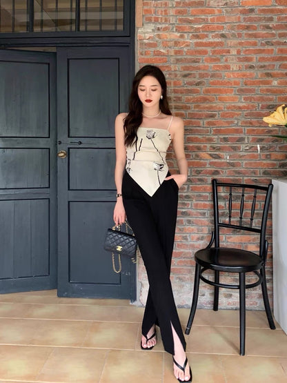 Luhe Clothing French Elegant Champagne Rose Slim Tube Top Back Strap Print Sling Temperament Top