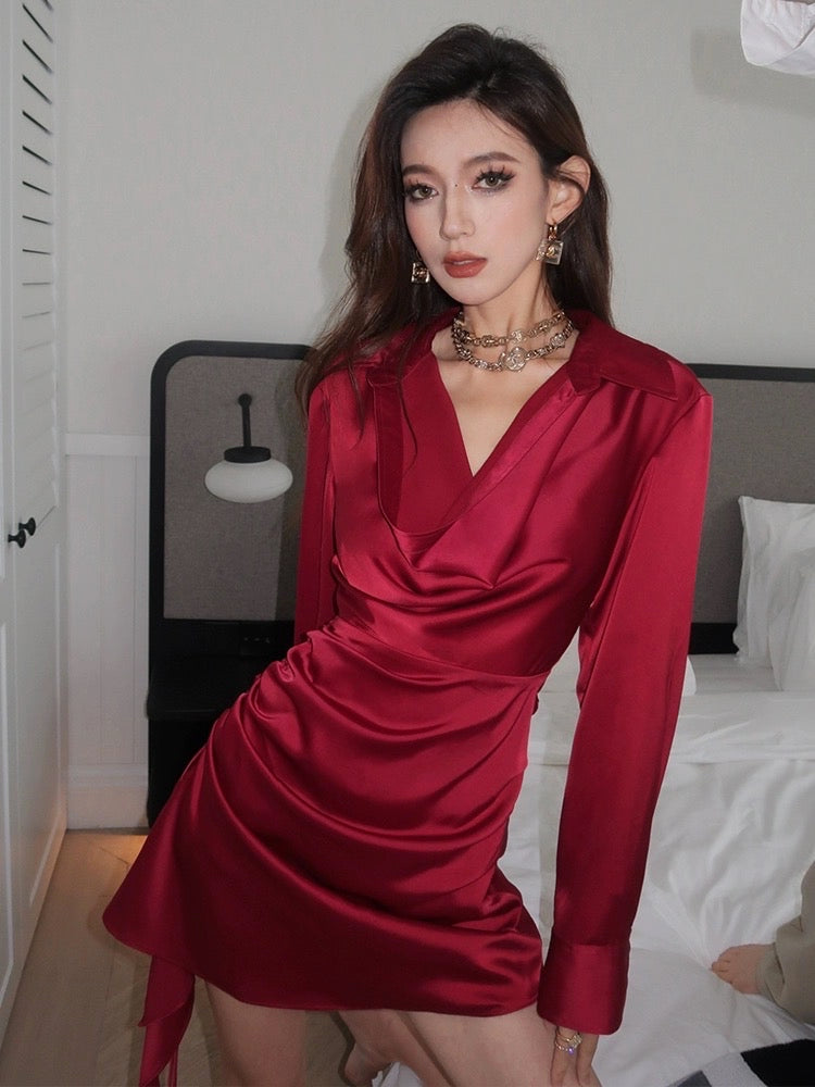 HBE Shui Ge Born Hunter Black/Red V-neck Waist Slim Long-sleeved Shirt Dress Shirt Dress Dress Female