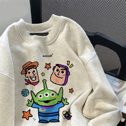 American lazy chic Buzz Lightyear cartoon sweatshirt for men and women autumn and winter couples plus velvet thickened straight shoulder inner top