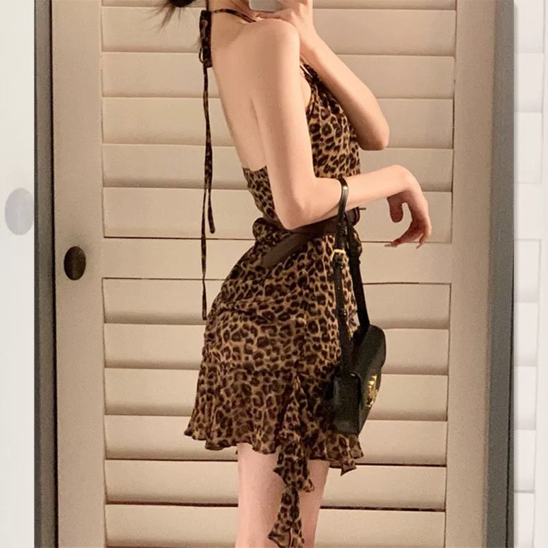 French Leopard Halter Neck Dress Summer Women's Advanced Sense 2023 New Irregular A-Line Skirt Chic Beautiful Skirt