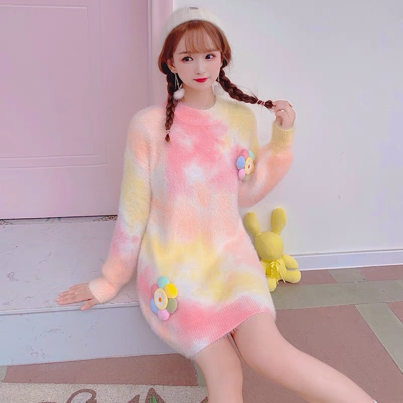 Sweet rainbow gradient mink mid-length sweater dress Korean style ins gentle three-dimensional flower style sweater