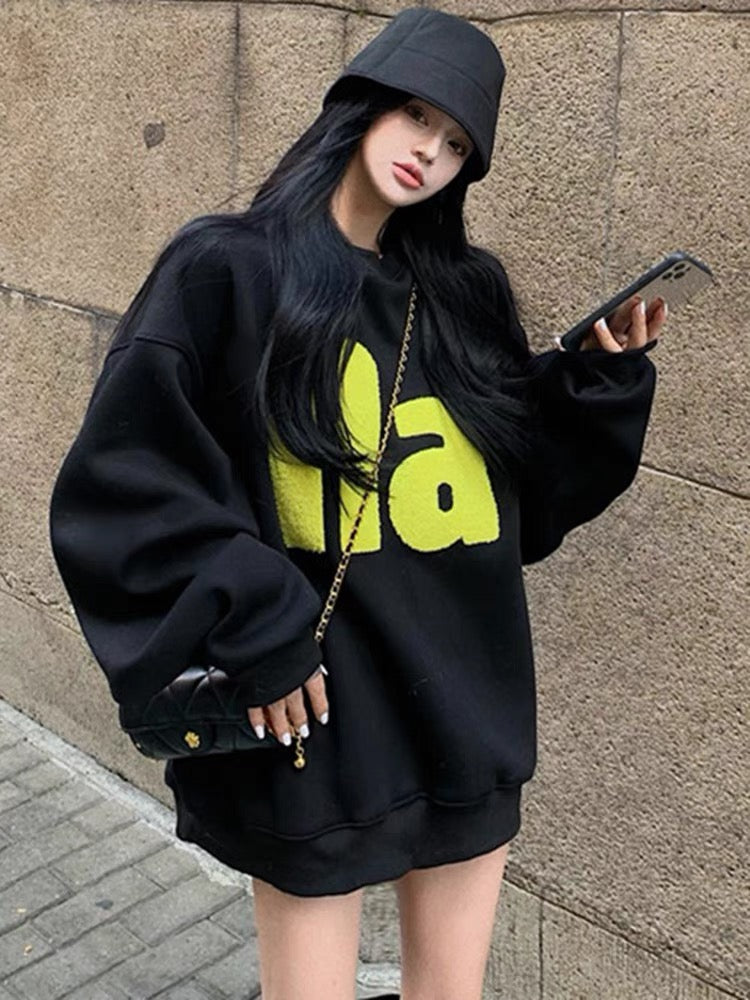 Fashion casual letter loose sweatshirt for women 2023 autumn and winter velvet thickening slightly fat wear mid-length top ins