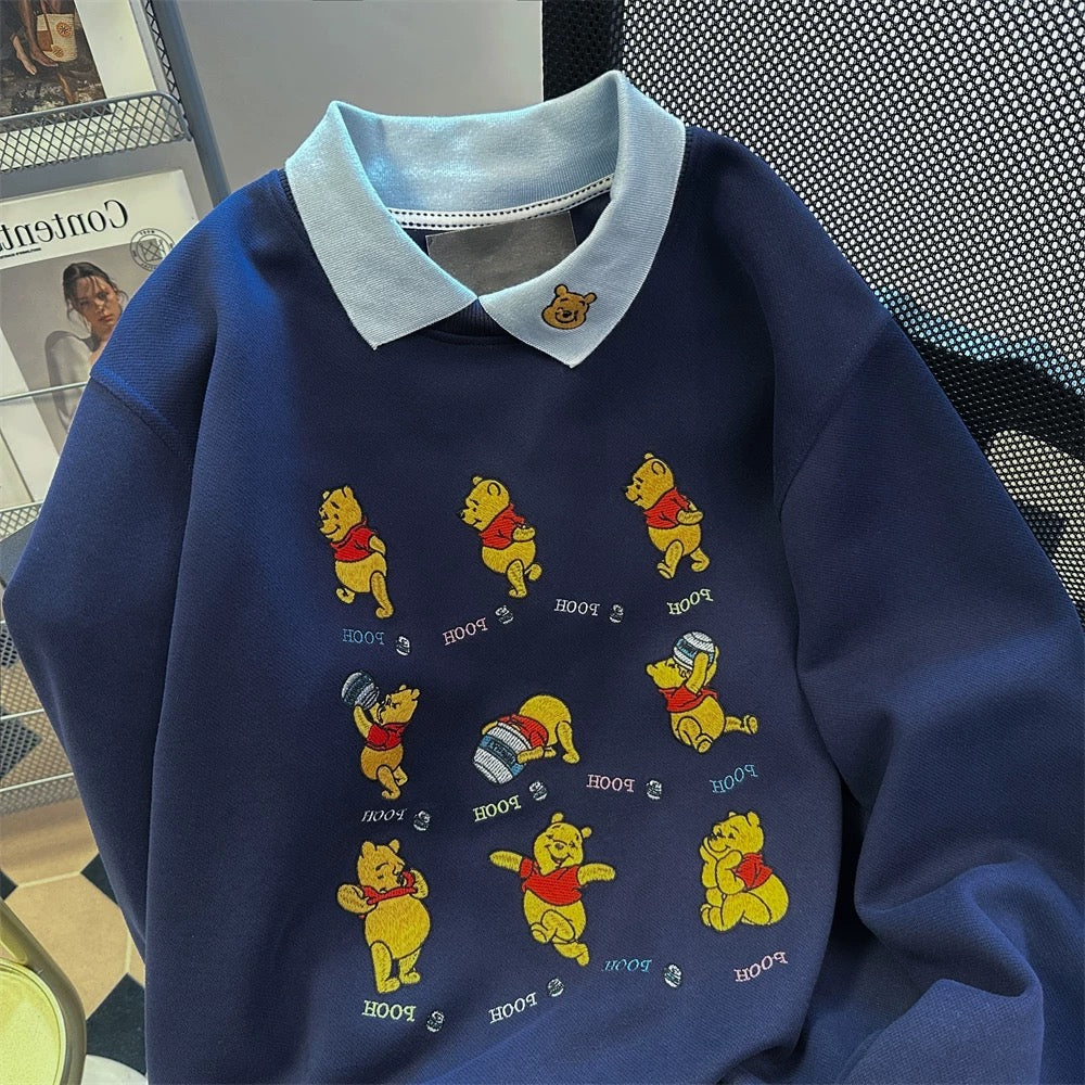 Cute and stylish Winnie the Pooh embroidered fake two-piece sweatshirt for men and women in spring and autumn, unique and chic contrasting color polo collar top