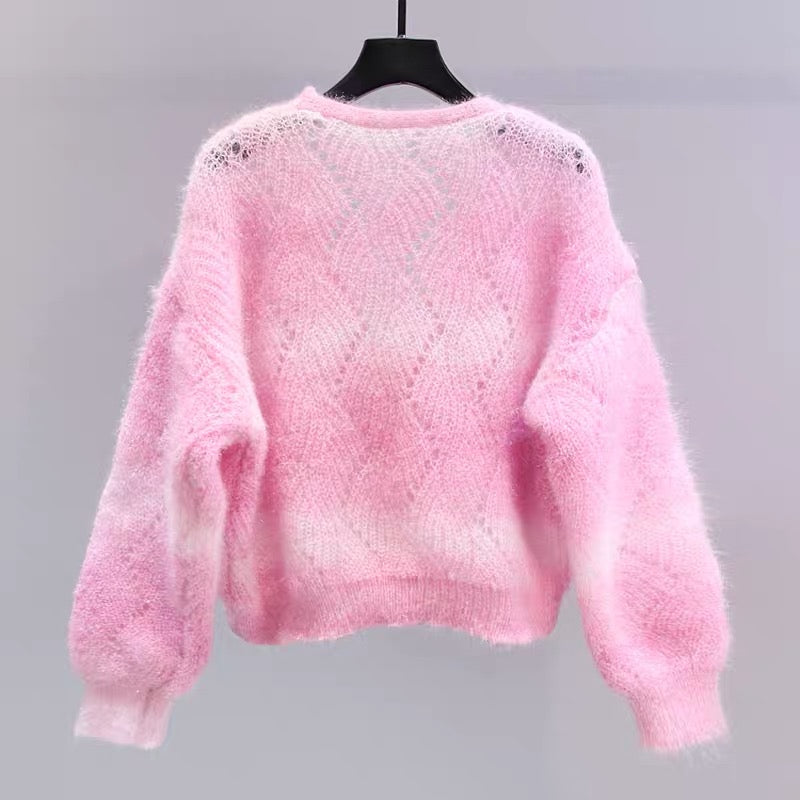 Colorful soft waxy knitted cardigan for women spring 2023 new style loose lazy style short style with hollow sweater jacket