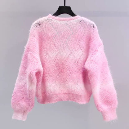 Colorful soft waxy knitted cardigan for women spring 2023 new style loose lazy style short style with hollow sweater jacket