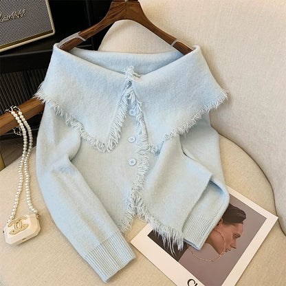 Fashionable, age-reducing, high-end and super-good-looking solid color tassel one-line collar long-sleeved bottoming sweater top for women in autumn and winter