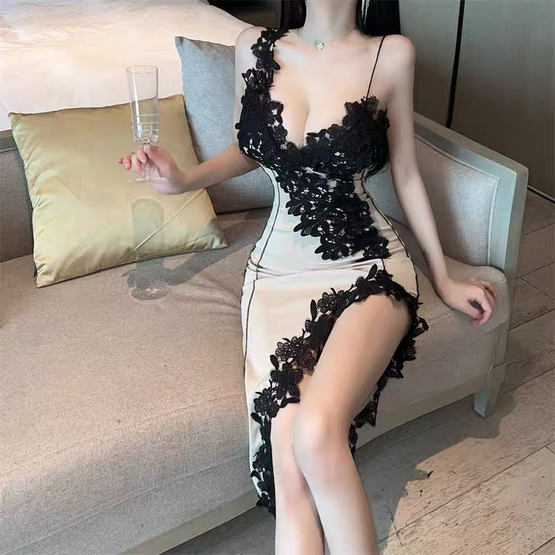 French hot girl temperament high-end sexy low-cut bag hip lace sling dress female summer waist slit fishtail skirt