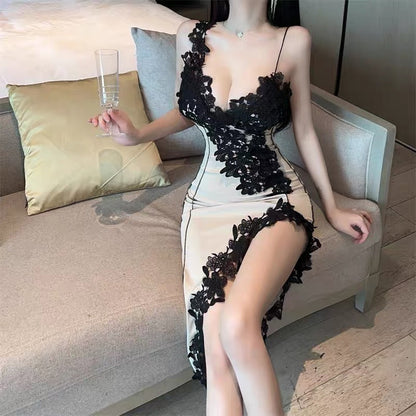 French hot girl temperament high-end sexy low-cut bag hip lace sling dress female summer waist slit fishtail skirt