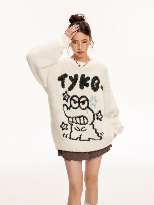 Sanowers Cartoon Cute Mink Velvet Dinosaur Jacquard Sweater Women's Loose Lazy Style Couple Knitted Sweater Top (S0667)