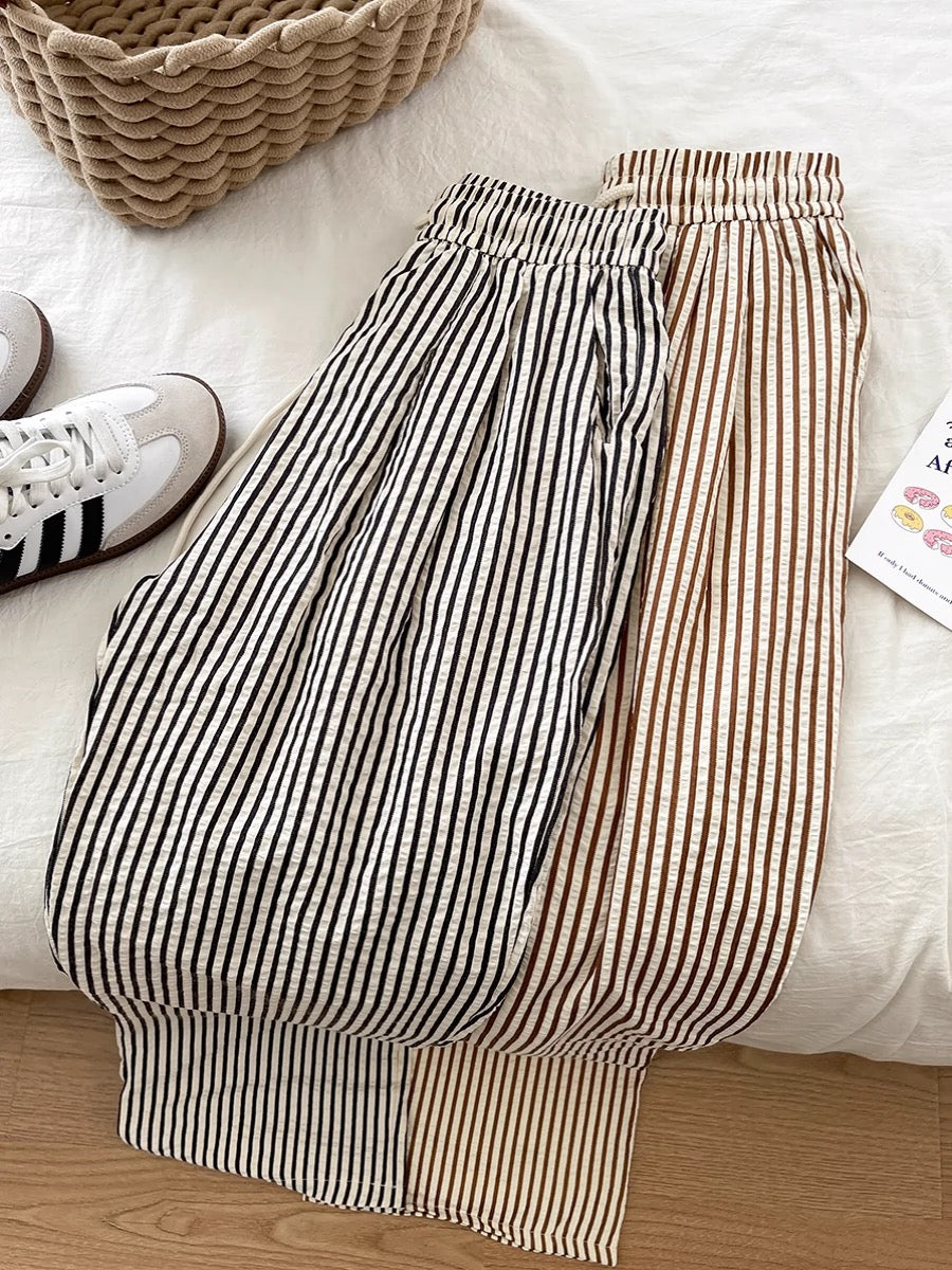 RENA casual lazy style striped drape casual pants elastic high waist versatile thin slim straight long pants