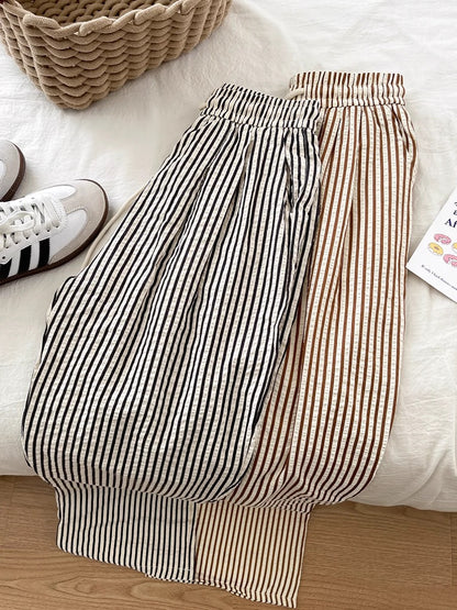 RENA casual lazy style striped drape casual pants elastic high waist versatile thin slim straight long pants