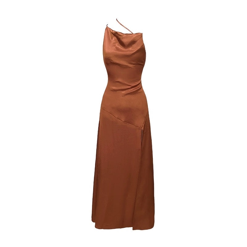 GYOKUU 2023ss reddish brown satin material sling backless slit dress